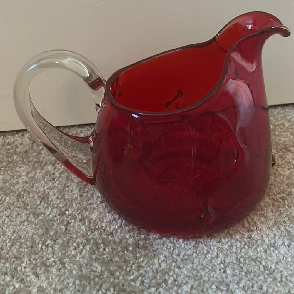 Vintage Bischoff Art Glass Ewer Pitcher Poinsettia Red Festive Vibrant Art
